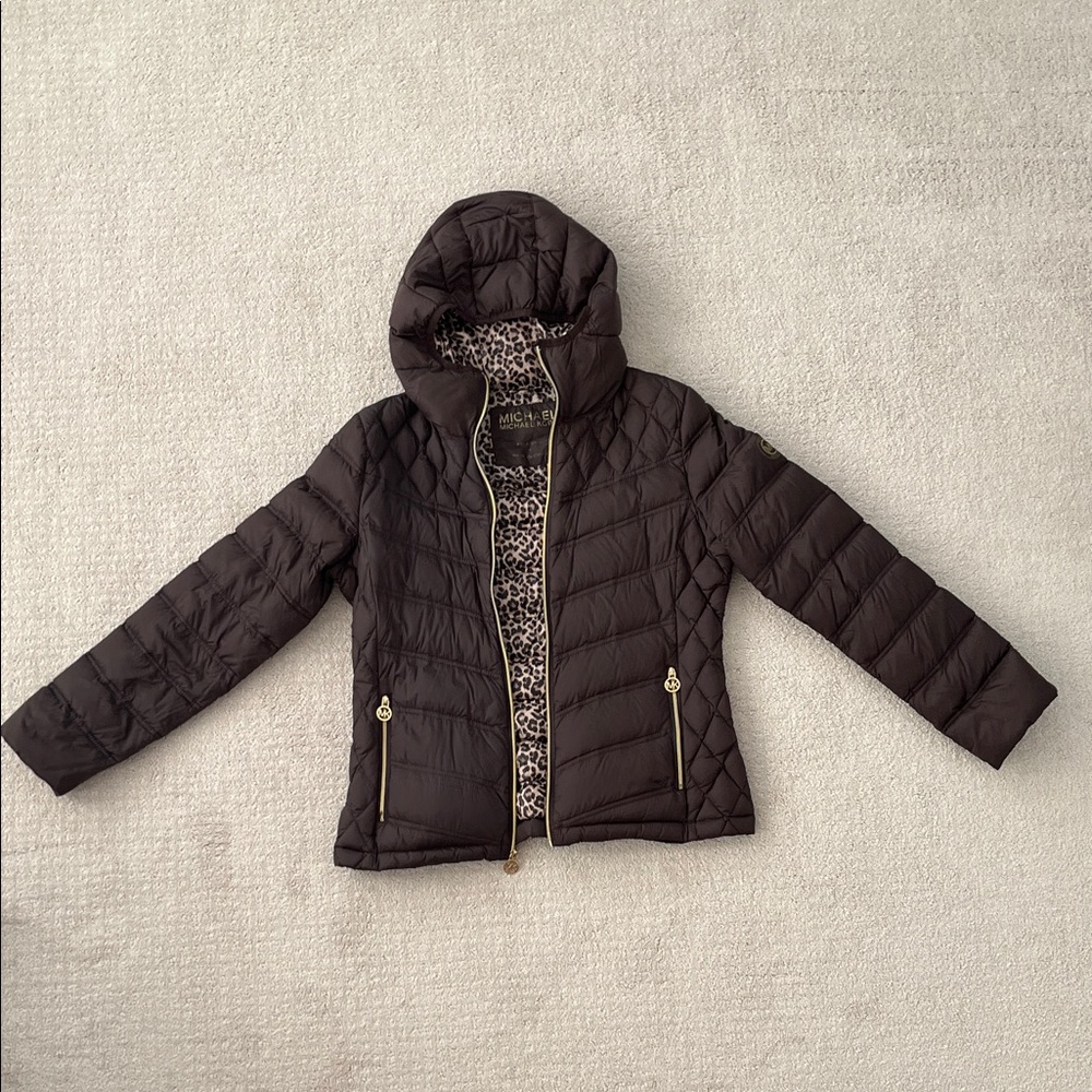 Michael Kors Brown Quilted Hooded Puffer with Leopard Lining